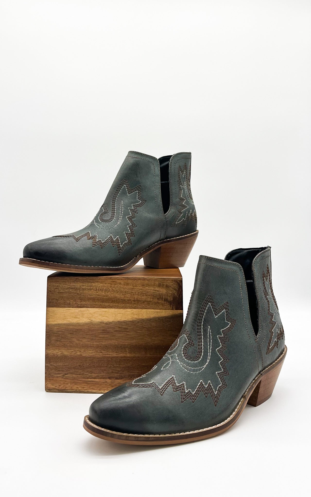 Kickin Booties Teal Western Embroidered Leather Heel Naughty Monkey